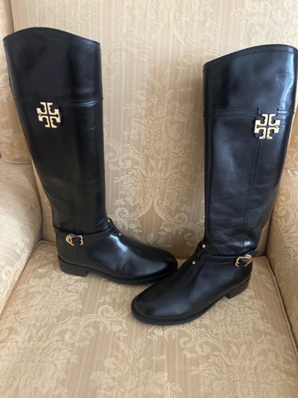 Tory Burch Black Leather Riding Boots with Gold Logo